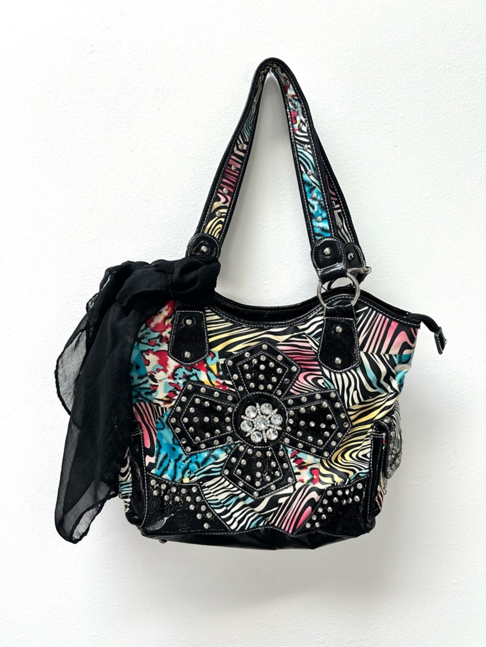 Vintage Y2K Maximalist Zebra Print Studded Shoulder Bag Bling Rhinestone Purse